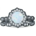 thumbnail image 1 of Two Piece Round Halo Floral Ring Created White Opal 925 Black Tone Sterling Silver, Size 5, 1 of 7