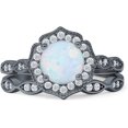 thumbnail image 1 of Two Piece Round Halo Floral Ring Created White Opal 925 Black Tone Sterling Silver, Size 9, 1 of 7