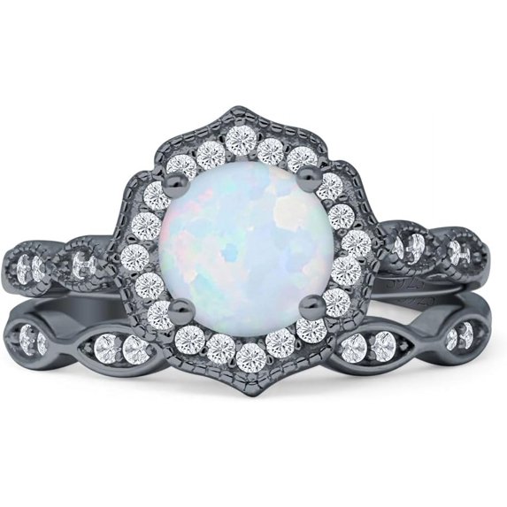 Two Piece Round Halo Floral Ring Created White Opal 925 Black Tone Sterling Silver, Size 9