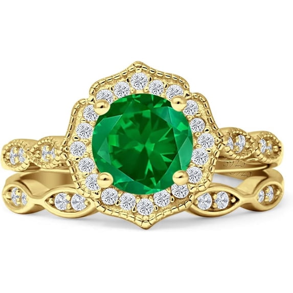 Two Piece Round Halo Floral Ring Green Emerald Cubic Zirconia 925 Yellow Tone Sterling Silver, Size 6