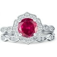 thumbnail image 1 of Two Piece Round Halo Floral Ring Ruby Cubic Zirconia 925 White Tone Sterling Silver, Size 9, 1 of 6