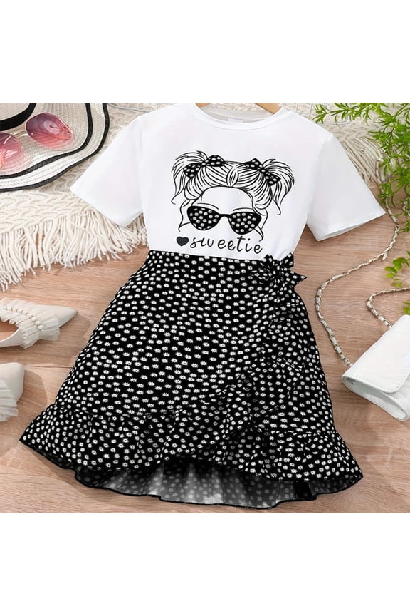 Two Piece Round Neck Printed Short Sleeved Floral Skirt Daily Casual Set