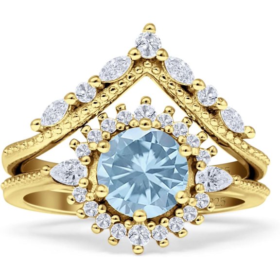 Two Piece Round Ring Aquamarine Cubic Zirconia Yellow Tone 925 Sterling Silver, Size 10