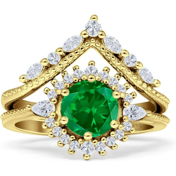 Two Piece Round Ring Green Emerald Cubic Zirconia Yellow Tone 925 Sterling Silver, Size 8