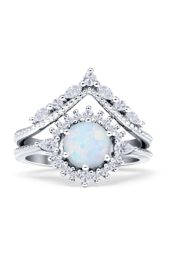 Two Piece Round Ring White Opal White Tone 925 Sterling Silver, Size 8