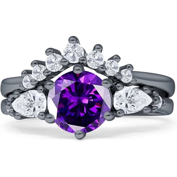 Two Piece Round Vintage Style Ring Amethyst Cubic Zirconia Black Tone 925 Sterling Silver, Size 5