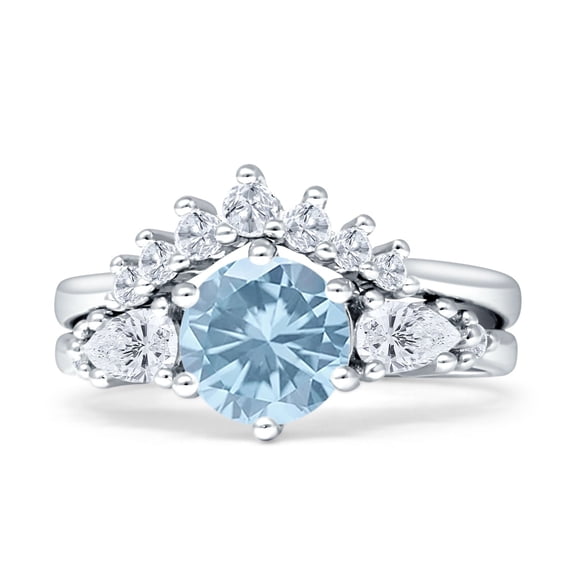 Two Piece Round Vintage Style Ring Aquamarine Cubic Zirconia White Tone 925 Sterling Silver, Size 6