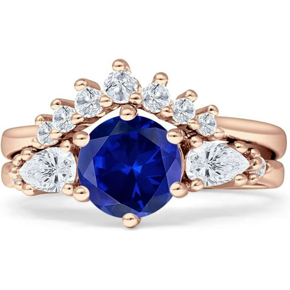 Two Piece Round Vintage Style Ring Blue Sapphire Cubic Zirconia Rose Tone 925 Sterling Silver, Size 7