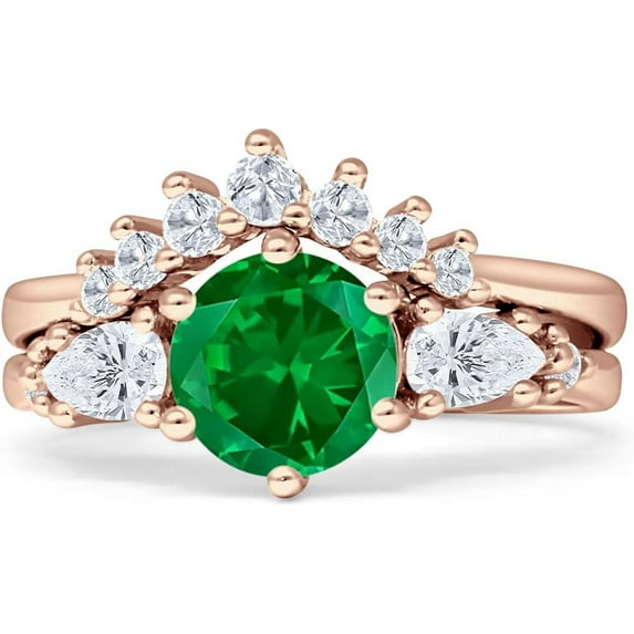Two Piece Round Vintage Style Ring Green Emerald Cubic Zirconia Rose Tone 925 Sterling Silver, Size 9