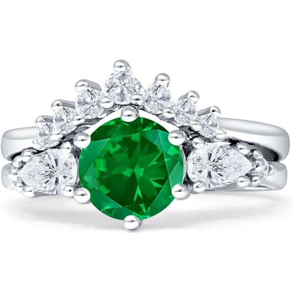 Two Piece Round Vintage Style Ring Green Emerald Cubic Zirconia White Tone 925 Sterling Silver, Size 7