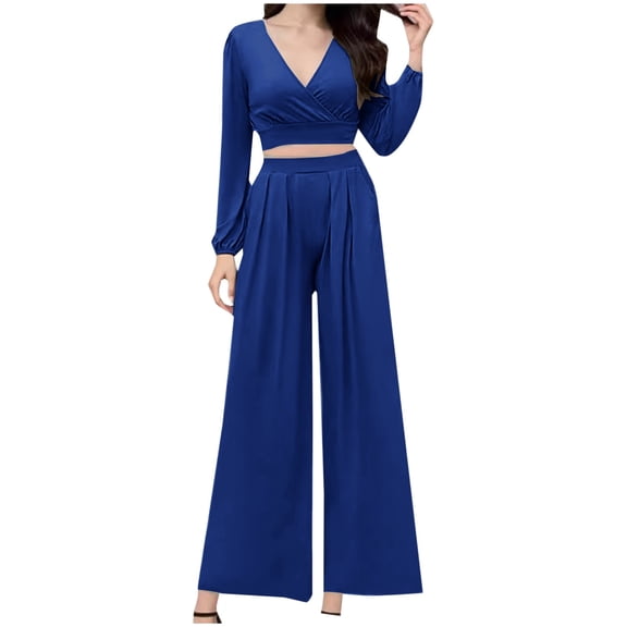 Two Piece Running Tracksuit Women's 2 Piece Office Outfits Long Sleeve Croppes Tops Casual High Waist Wide Leg Pant Sets Cocktail Party Suit S-76 Blue XXL