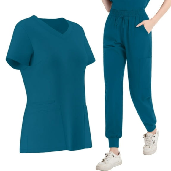 Two Piece Scrub Set Womens s Medical Uniform Scrubs Top Jpggers Pants with Pockets Short Sleeve Nursing Workwear, L
