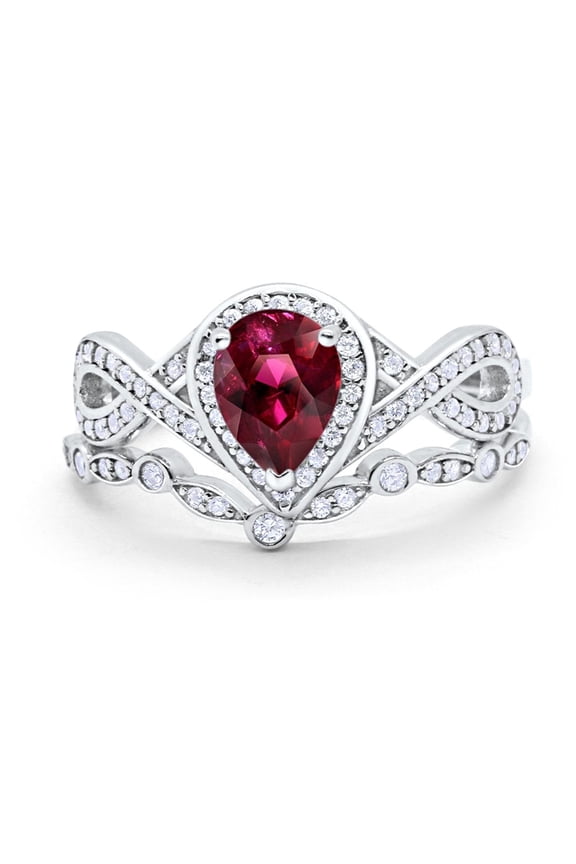 Two Piece Set Art Deco Pear Teardrop Band Ring Ruby CZ 925 Sterling Silver Size 5