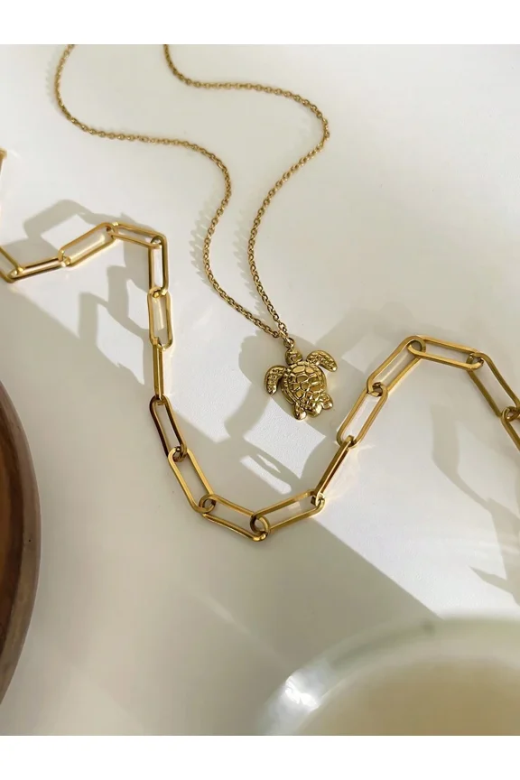 Two-Piece Set Goldtone Sea Turtle Pendant & Paperclip Chain Necklace
