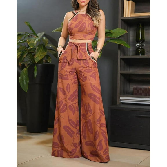 Two Piece Set Leaf Print Top  Pants