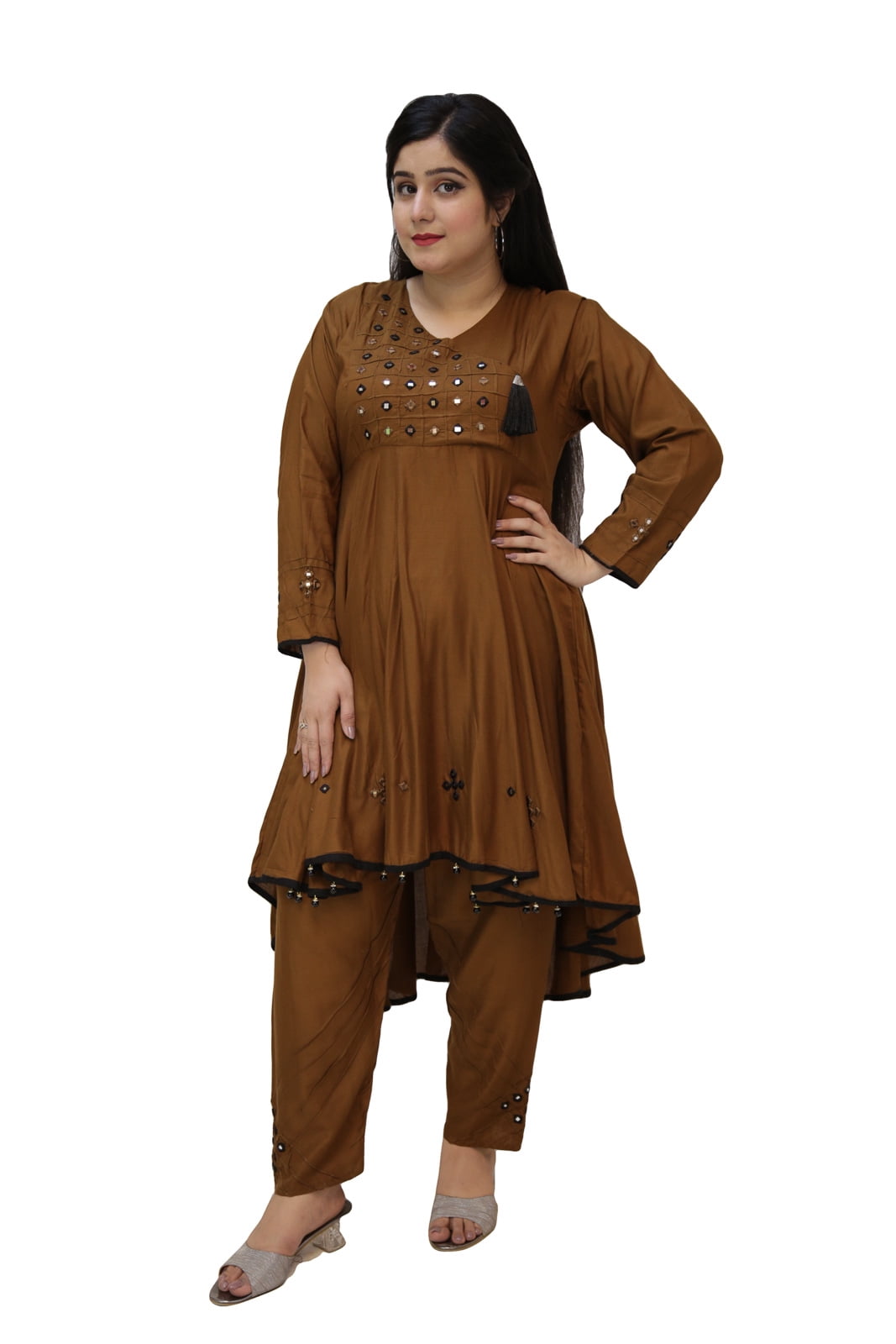 Two Piece Set Linen Fabric Mirror Work For Women Pakistani Dress (M, Dark Brown)