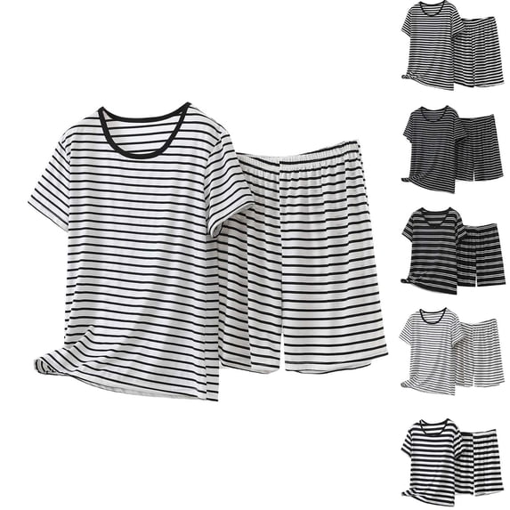 Two-Piece Set Outfit Plus Size Striped Crew Neck Short Sleeve Shirts Wide Leg Shorts with Pockets Women Outdoor Sport Outfits Lounge Sets