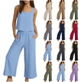 thumbnail image 1 of Two-Piece Set Woman Plus Size Solid Color Crew Neck Sleeveless Tank Tops Wide Leg Capri with Pocket Women Summer Outfits Lounge Sets, 1 of 10