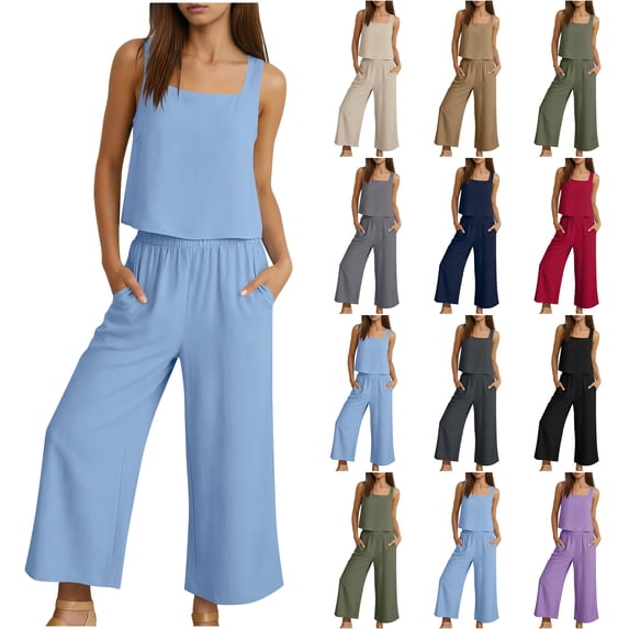 Two-Piece Set Woman Plus Size Solid Color Crew Neck Sleeveless Tank Tops Wide Leg Capri with Pocket Women Summer Outfits Lounge Sets