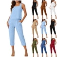 thumbnail image 1 of Two-Piece Set Woman Plus Size Solid Color Squared Neck Sleeveless Tops Capri Women Summer Beach Vacation Outfits, 1 of 6