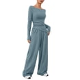 thumbnail image 1 of Two Piece Set for Women, Long Sleeve Off Shoulder Top with Pleated Detail and Wide Leg Pants, Casual Matching Loungewear Set, Soft Rayon Blend Outfit for Travel, Lounge and Daily Wear Navy, 1 of 9