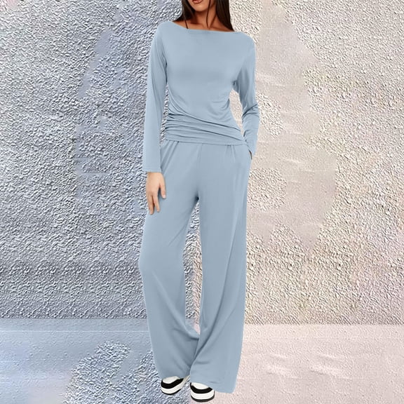 Two Piece Set for Women, Long Sleeve Off Shoulder Top with Pleated Detail and Wide Leg Pants, Casual Matching Loungewear Set, Soft Rayon Blend Outfit for Travel, Lounge and Daily Wear Light Blue