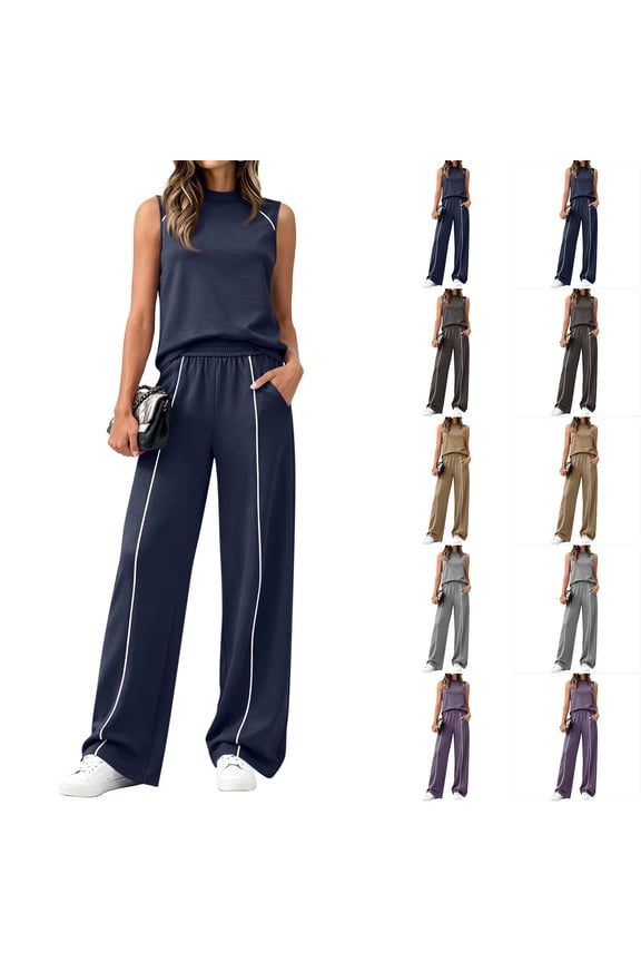 Two Piece Set for Women Summer Outfits Mock Neck Sleeveless Tank Top Wide Leg Pants Athletic Matching Sets Summer Vacation Travel Outfits Trendy Going Out Suits for Womens 2026 Navy S