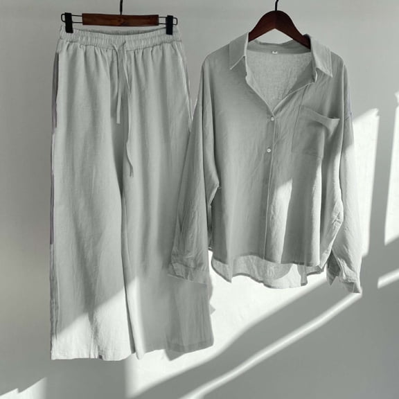 Two Piece Set Women Summer Outfits for Women 2 Piece Set 2 Piece Pants Set for Women Linen 2 Piece Set for Women Casual Outfits for Women 2 Piece Sets Long-Sleeved Lapel Shirt Shorts Casual Suit