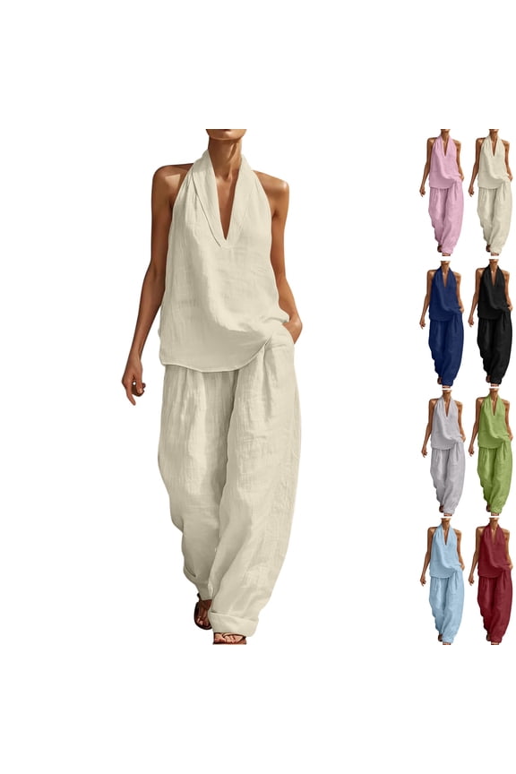Two Piece Set Women's Solid Color Halter Neck Sleeveless Top and Elastic Waist Pocket Pants Linen Set Summer Casual Beach Vacation Outfits