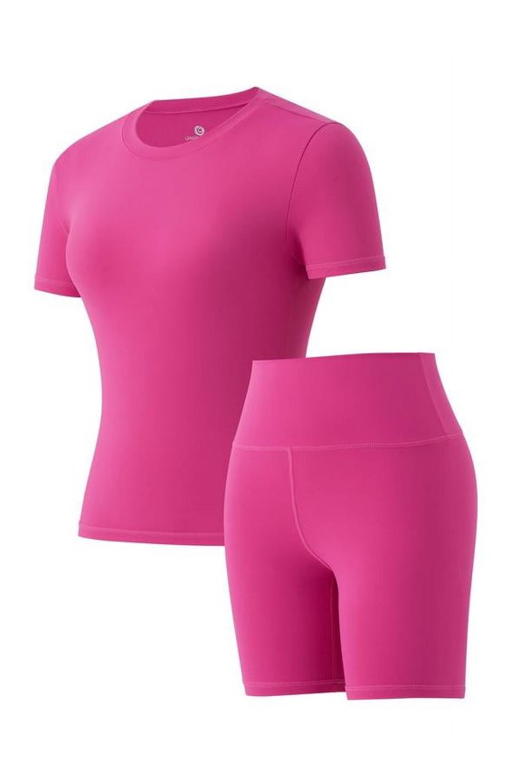 Two-Piece Set Women's Solid Round Neck Tee & High Waist Biker Shorts Tracksuit Set, Crew Neck Short Sleeve T-shirt & Skinny Shorts, Gym Clothes, Tracksuits for Ladies, Fall Clothes