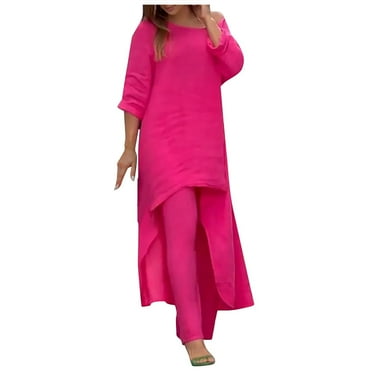 Two Piece Set, Womens Sets, Sets for Women, Womens 2 Piece Outfits, Women's Fashion Casual Solid Color Irregular Long Sleeve Set Wide Leg Pants Two Piece Set, Hot Pink, XXL