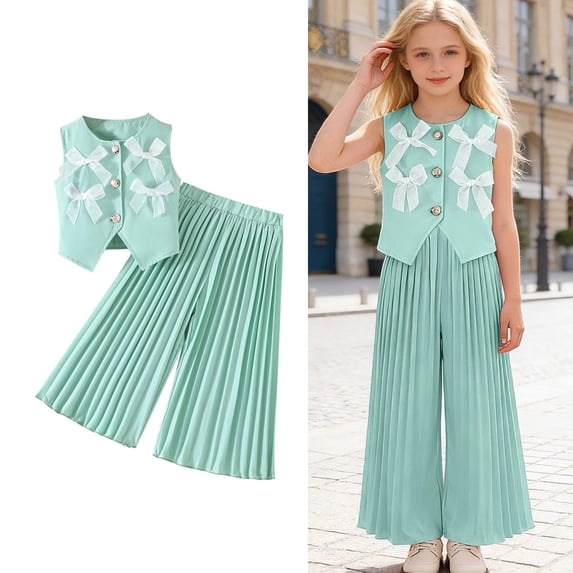 Two Piece Set for Girls Bow Sleeveless Vest and Wide Leg Pants Sets Summer Outfits Girls Sets Size 4-5 Years