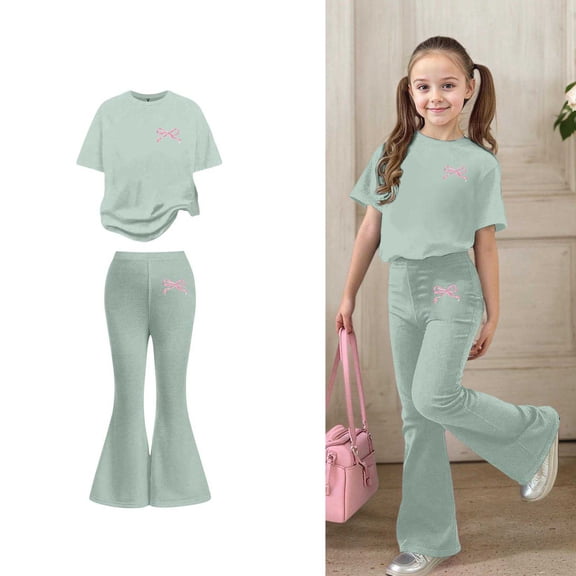 Two Piece Set for Girls Short Sleeve Bow T-Shirt Top and Flared Pants Set Girls Spring Outfits Girl Clothes Size 7-8 Years