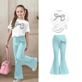 thumbnail image 1 of Two Piece Set for Girls Short Sleeve Bow T-Shirt Top and Flared Pants Sets Girls Spring Outfits Preppy Clothes for Girls 11-12 Years, 1 of 5