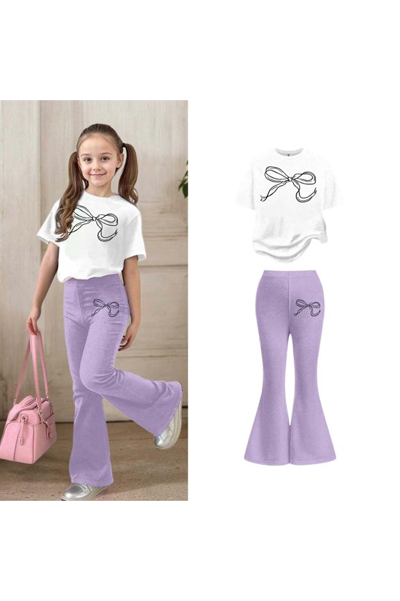 Two Piece Set for Girls Short Sleeve Bow T-Shirt Top and Flared Pants Sets Girls Spring Outfits Girls Clothes 13-14 Years