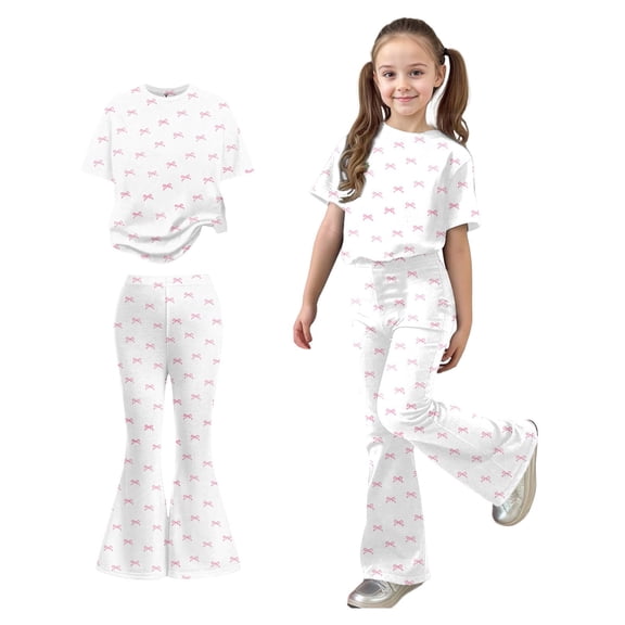 Two Piece Set for Girls Short Sleeve Bow T-Shirt Top and Flared Pants Sets Girls Summer Clothes Cute Girls Outfits 7-8 Years