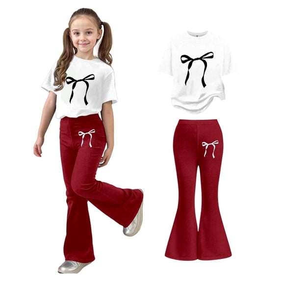 Two Piece Set for Girls Short Sleeve Bow T-Shirt Top and Flared Pants Sets Spring Clothes 7-8 Years Girl Clothes