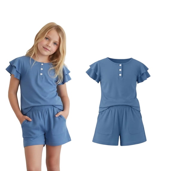 Two Piece Set for Girls Short Sleeve Crew Neck Button Top and Shorts Sets Summer Clothes Back to School Outfits for Girls 5-6 Years