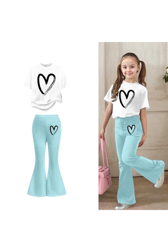 Two Piece Set for Girls Short Sleeve Heart T-Shirt Top and Flared Pants Sets Girl Spring Clothes Girls 12-13 Years Outfits