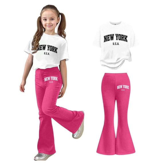 Two Piece Set for Girls Short Sleeve Letter Print T-Shirt Top and Flared Pants Set Girls Summer Clothes Girls Size 7-8 Years Outfits