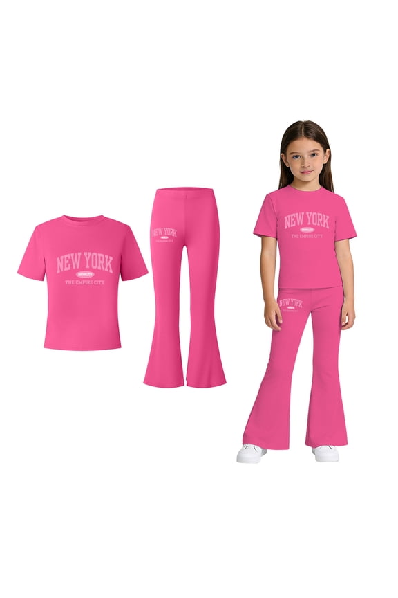 Two Piece Set for Girls Short Sleeve Letter Print T-Shirt Top and Flared Pants Set Summer Clothes Back to School Outfits for Teen Girls 7-8 Years