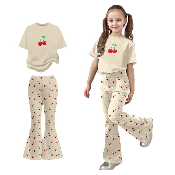 Two Piece Set for Girls Short Sleeve T-Shirt Top and Flared Pants Sets Girls Summer Clothes Girls Outfit 8-9 Years