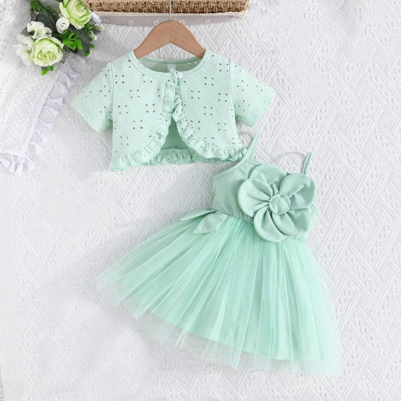 Two Piece Set for Girls with Hollow Short Sleeved Jacket and Floral Mesh Skirt