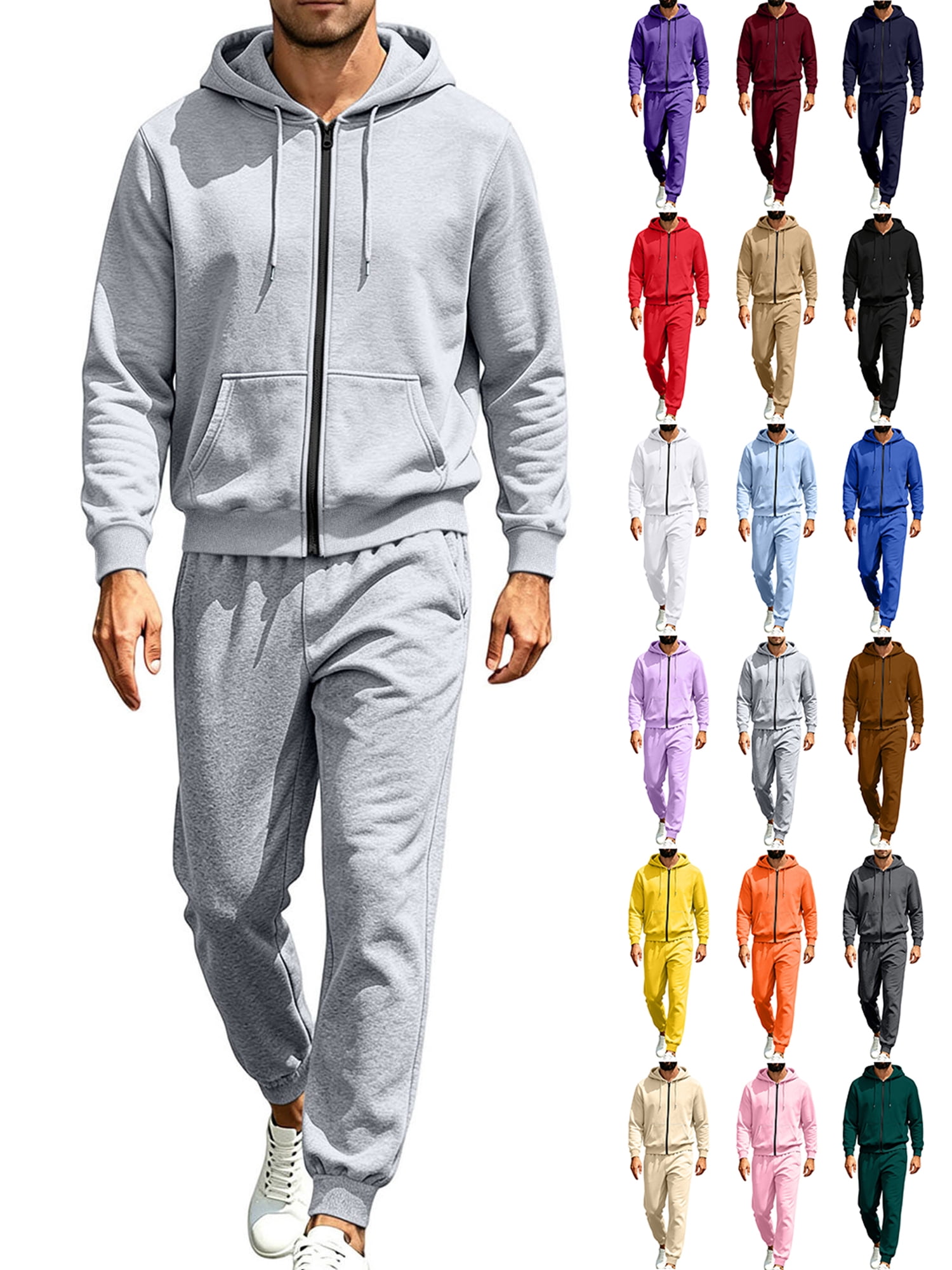 Two‑Piece Set for Men Solid Color Full‑Zip Hooded Sweatshirt Jacket and ...
