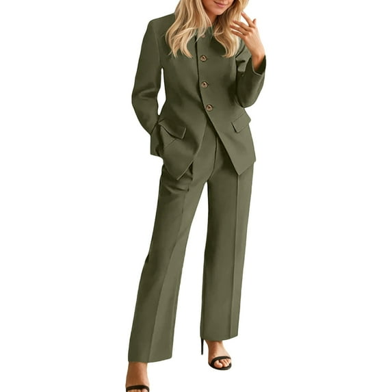 Two Piece Set for Women Business Long Sleeve Blazer Jackets Wide Leg Pant Suits Color: Green Size: S