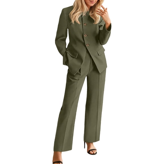Two Piece Set for Women Business Long Sleeve Blazer Jackets Wide Leg Pant Suits Color: Green Size: XL