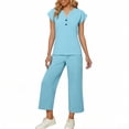thumbnail image 1 of Two Piece Set for Women Button Casual V Neck Short Sleeve Shirt Wide Leg Elastic Waist Drawstring Pants Summer Loose Tracksuits, 1 of 6