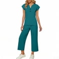 thumbnail image 1 of Two Piece Set for Women Button Casual V Neck Short Sleeve Shirt Wide Leg Elastic Waist Drawstring Pants Summer Loose Tracksuits, 1 of 6