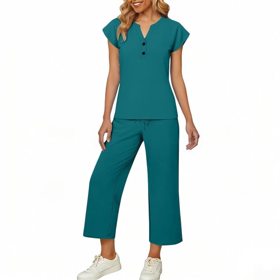 Two Piece Set for Women Button Casual V Neck Short Sleeve Shirt Wide Leg Elastic Waist Drawstring Pants Summer Loose Tracksuits