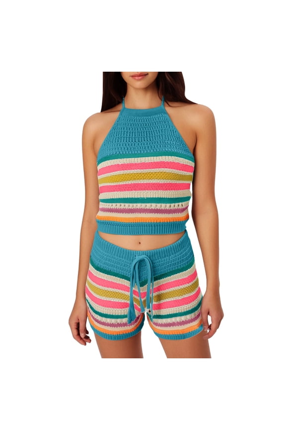 Two Piece Set for Women Summer Crochet Knit Vacation Beach Outfits Crop Top Shorts Matching Sets